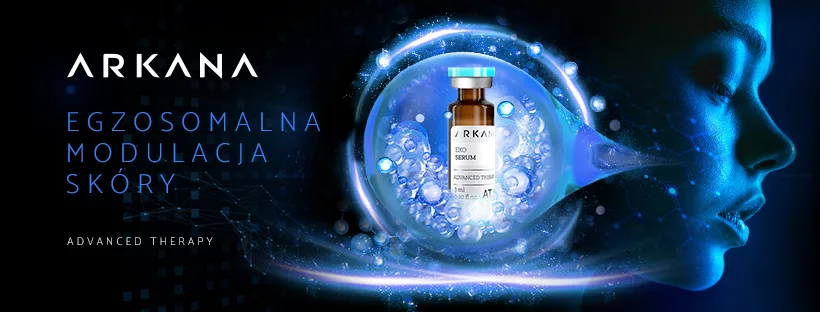 Grafika promująca zabieg Arkana Egzosomalna Modulacja Skóry – zaawansowana terapia regenerująca wykonywana w gabinecie Prestige Laser we Wrocławiu.