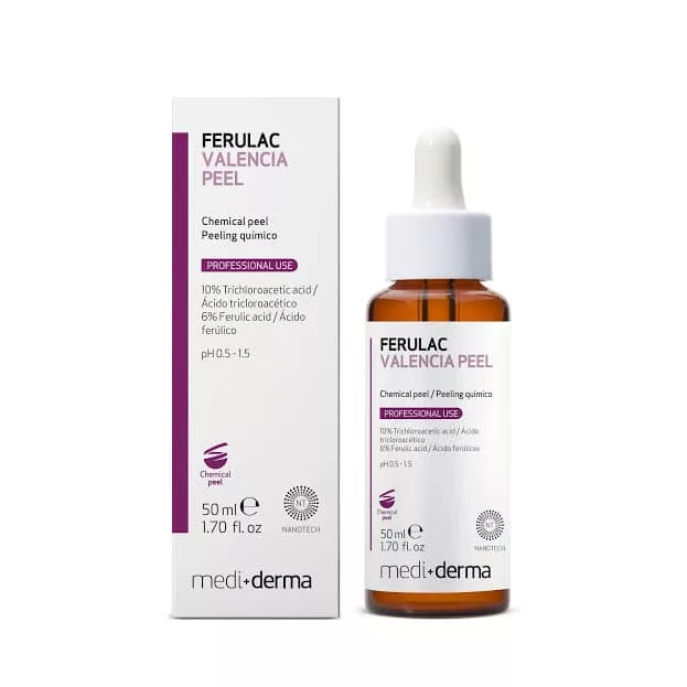 Preparat Medi+Derma Ferulac Valencia Peel stosowany w Prestige Laser Kosmetologia Estetyczna we Wrocławiu – profesjonalny peeling chemiczny z kwasem ferulowym i trójchlorooctowym.