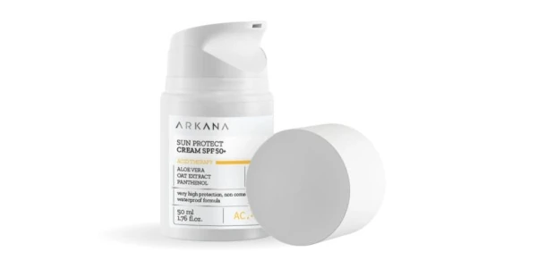 opakowanie kremu Arkana sun protect cream SFF 50+ stosowany po zabiegach depilacji laserowej Wrocław bikini, twarzy, pach