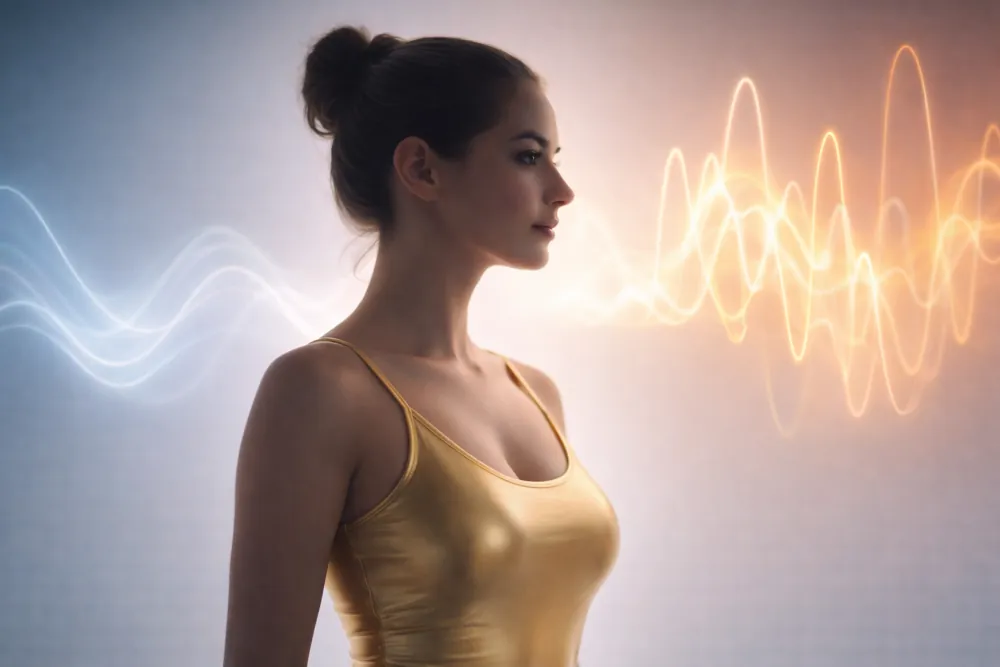Profil kobiety na neutralnym tle z graficzną wizualizacją fal energii, symbolizującą skuteczną depilację laserową także przy problemach hormonalnych