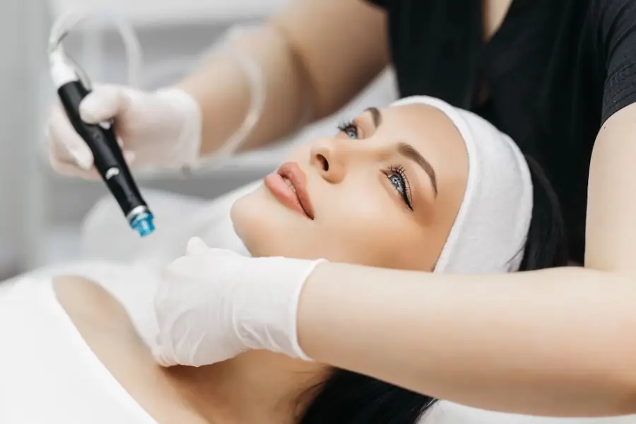 Zabieg oczyszczania wodorowego twarzy wykonywany przez kosmetologa – pacjentka leży na łóżku zabiegowym, a specjalista przykłada urządzenie do twarzy.